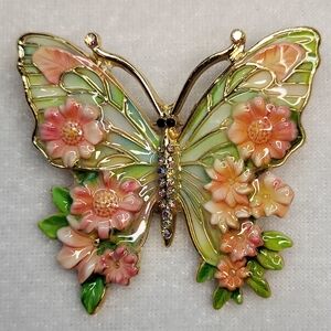 New Floral Themed Rhinestone Butterfly Brooch / Pin